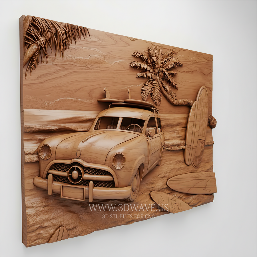 Top view of beach relief carving panel showing layout of car, palm tree and surfboards