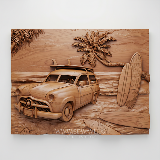Woody Wagon beach scene 3D model for CNC wood carving - vintage station wagon with surfboards and palm tree