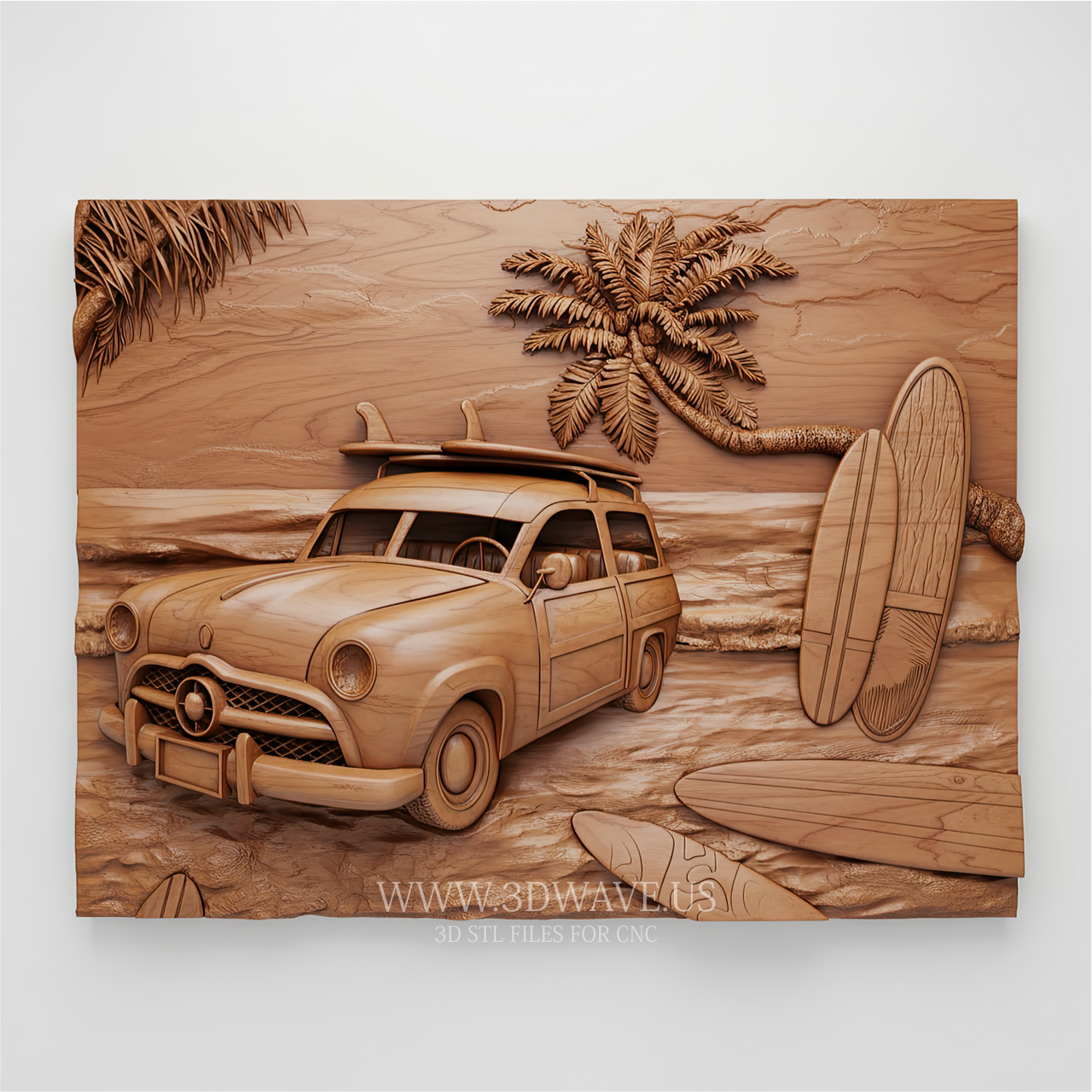 Woody Wagon beach scene 3D model for CNC wood carving - vintage station wagon with surfboards and palm tree