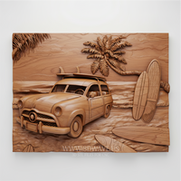 Thumbnail for Woody Wagon beach scene 3D model for CNC wood carving - vintage station wagon with surfboards and palm tree