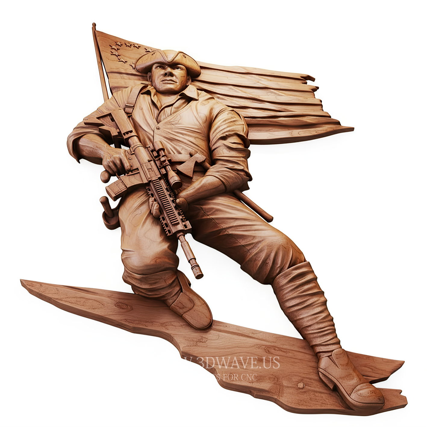 Patriot with Rifle and Flag - 3D Model for CNC | American Wood Carving STL File - 3DWave.us