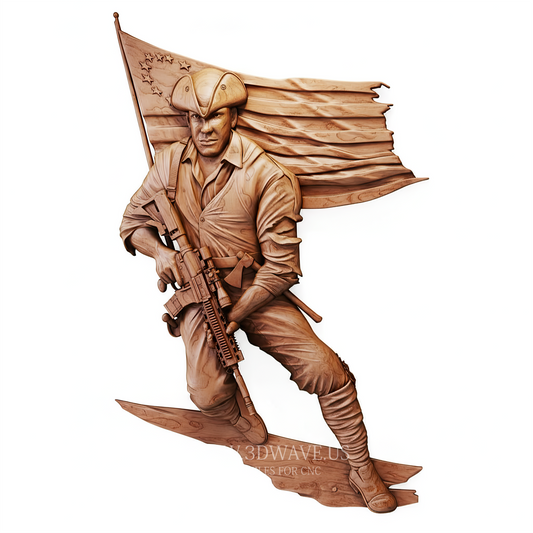 Patriot with Rifle and Flag - 3D Model for CNC | American Wood Carving STL File - 3DWave.us