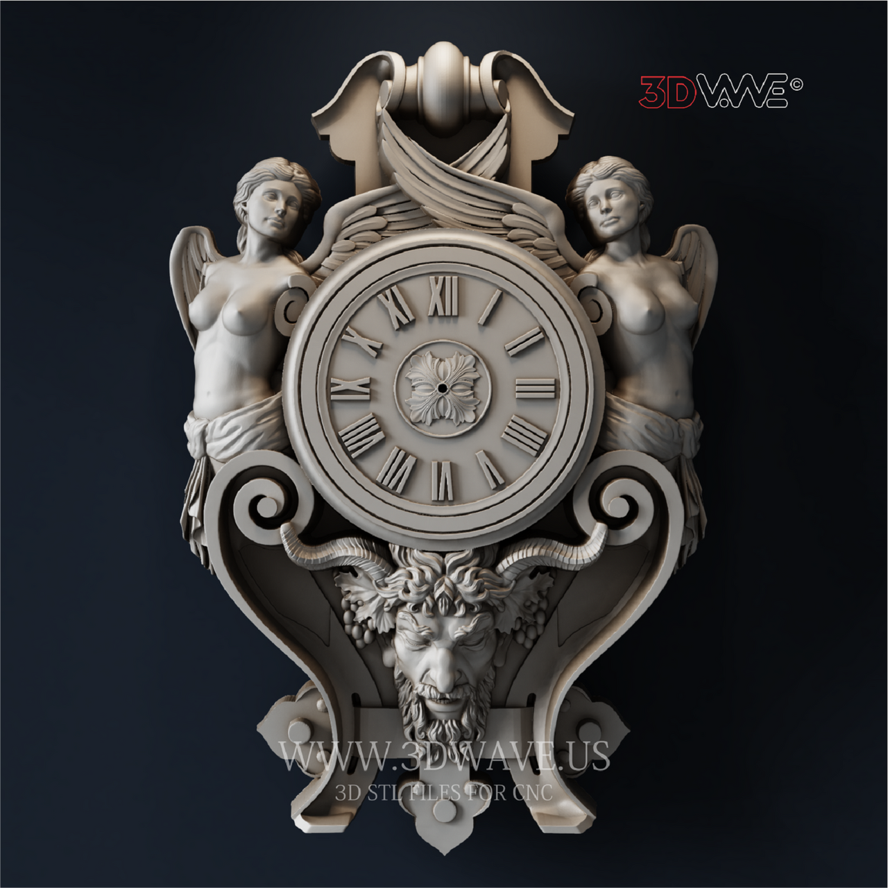 Baroque Wall Clock Sculpture - 3D Model for CNC | Ornate Wood Carving STL File - 3DWave.us