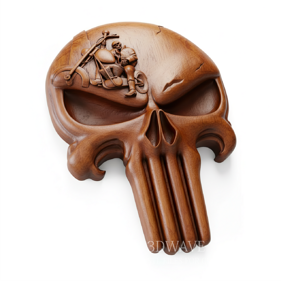 Skull Rider Punisher - 3D Model for CNC | Motorcycle Skull Wood Carving STL File - 3DWave.us