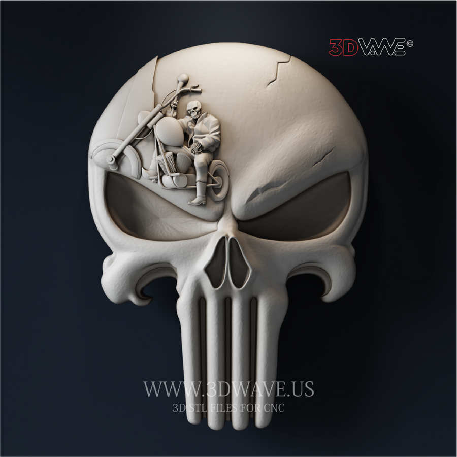 Skull Rider Punisher - 3D Model for CNC | Motorcycle Skull Wood Carving STL File - 3DWave.us