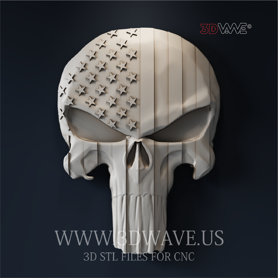 Patriot Punisher Skull - 3D Model for CNC | American Flag Wood Carving STL File - 3DWave.us