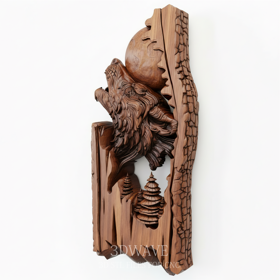Wolf Howling at Moon - 3D Model for CNC Carving | STL File - 3DWave.us