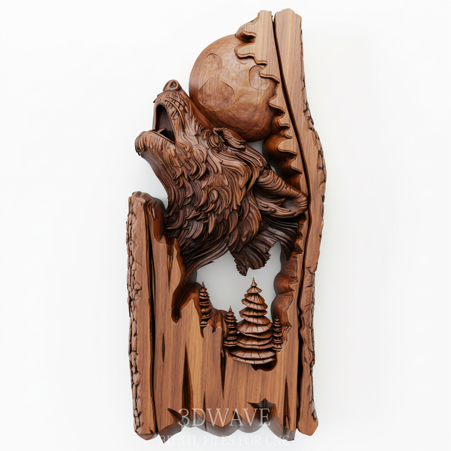 Wolf Howling at Moon - 3D Model for CNC Carving | STL File - 3DWave.us