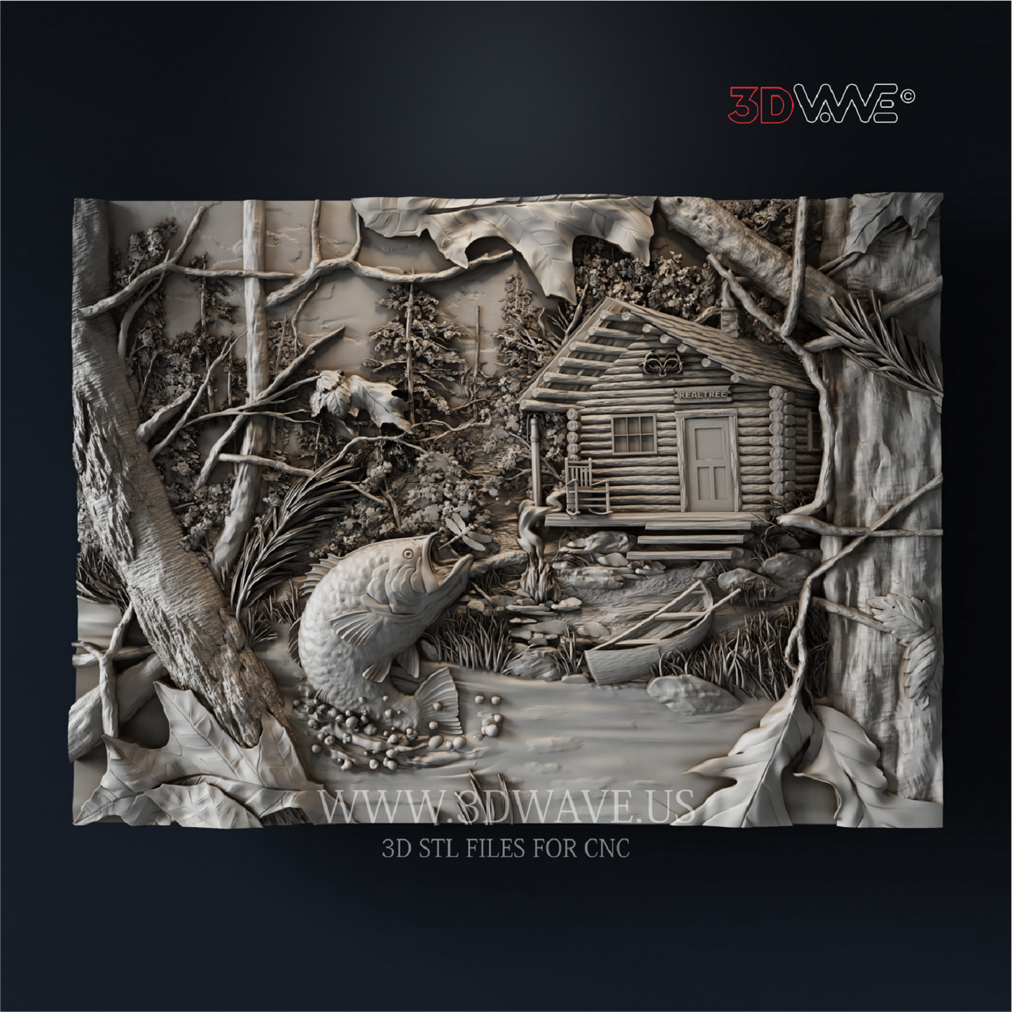 Largemouth Bass Lake Scene - 3D Model for CNC | Fishing Cabin Wood Carving STL File - 3DWave.us