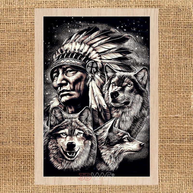 AMERICAN NATIVE WITH WOLVES Glowforge laser file 3DWave