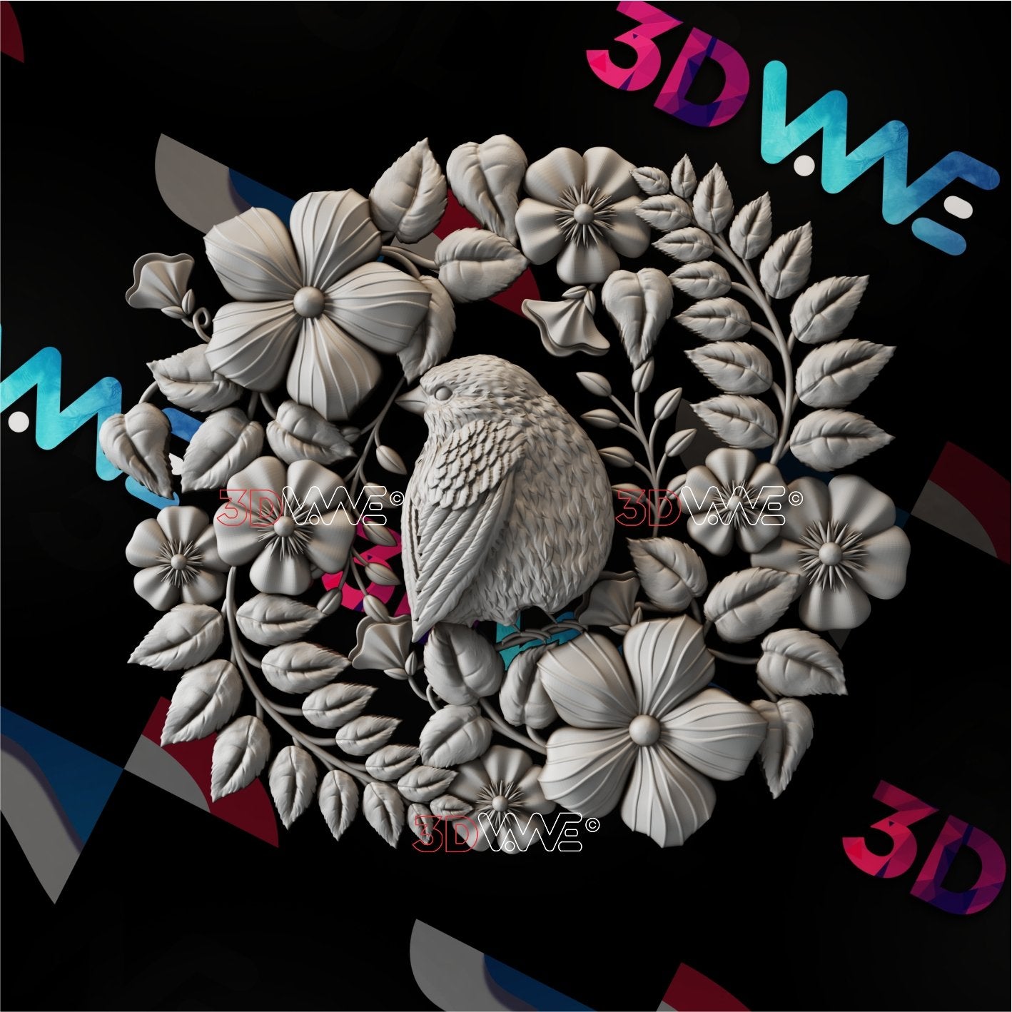 BIRD AND FLOWERS 3d stl 3DWave.us