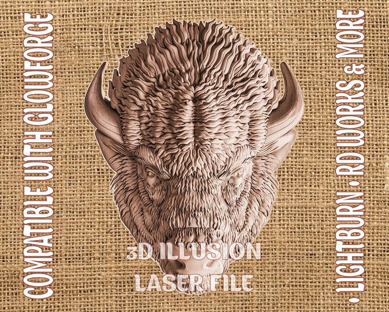 Bison head 3d illusion & laser-ready file 3DWave.us