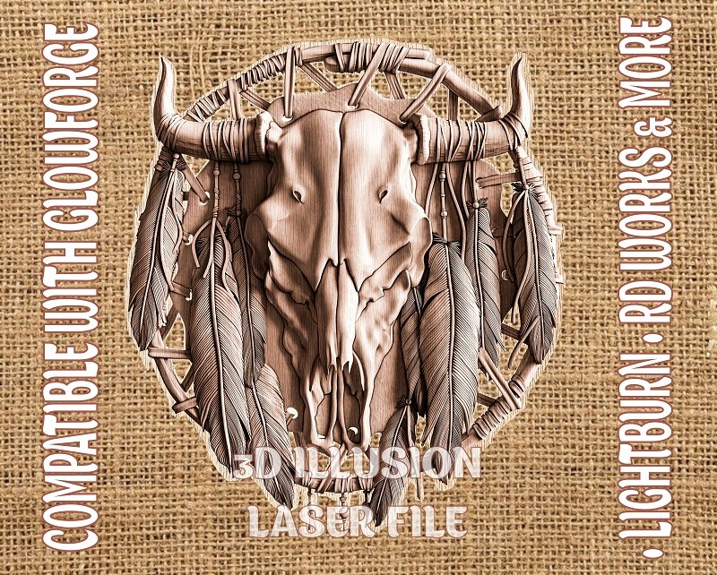 Cow skull dream catcher 3d illusion & laser-ready files 3DWave.us