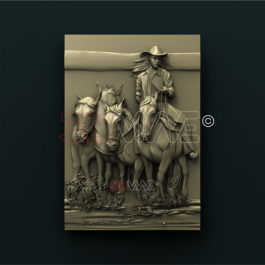 COWGIRL WITH HORSES 3D STL 3DWave