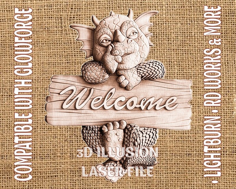 DRAGON WELCOME SIGN 3d illusion & laser-ready files 3DWave.us