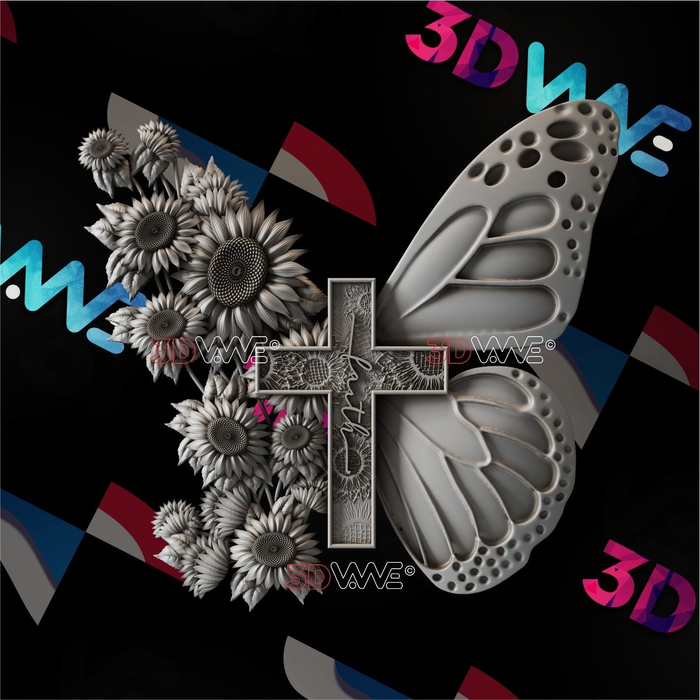 FLOWERS, BUTTERFLY and CROSS 3d stl 3DWave.us