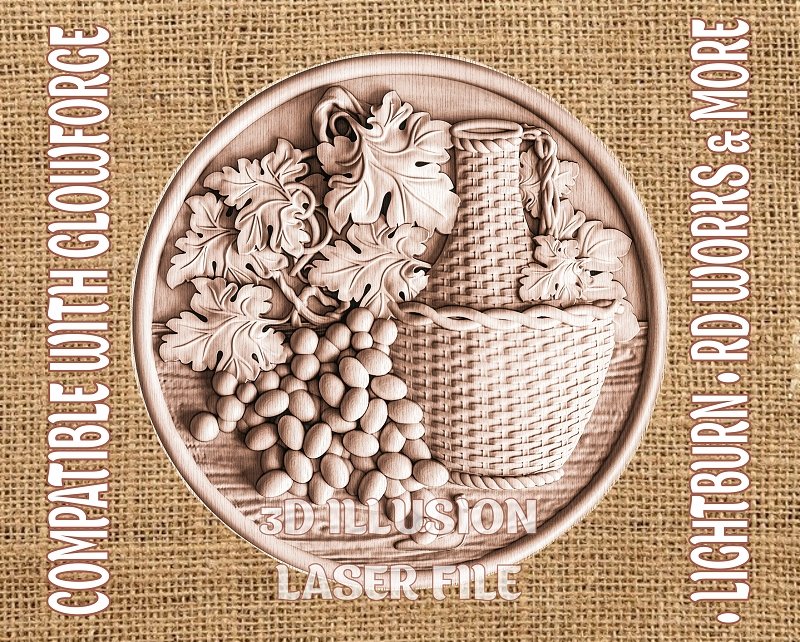 Grape and wine bottle 3d illusion & laser-ready files 3DWave.us