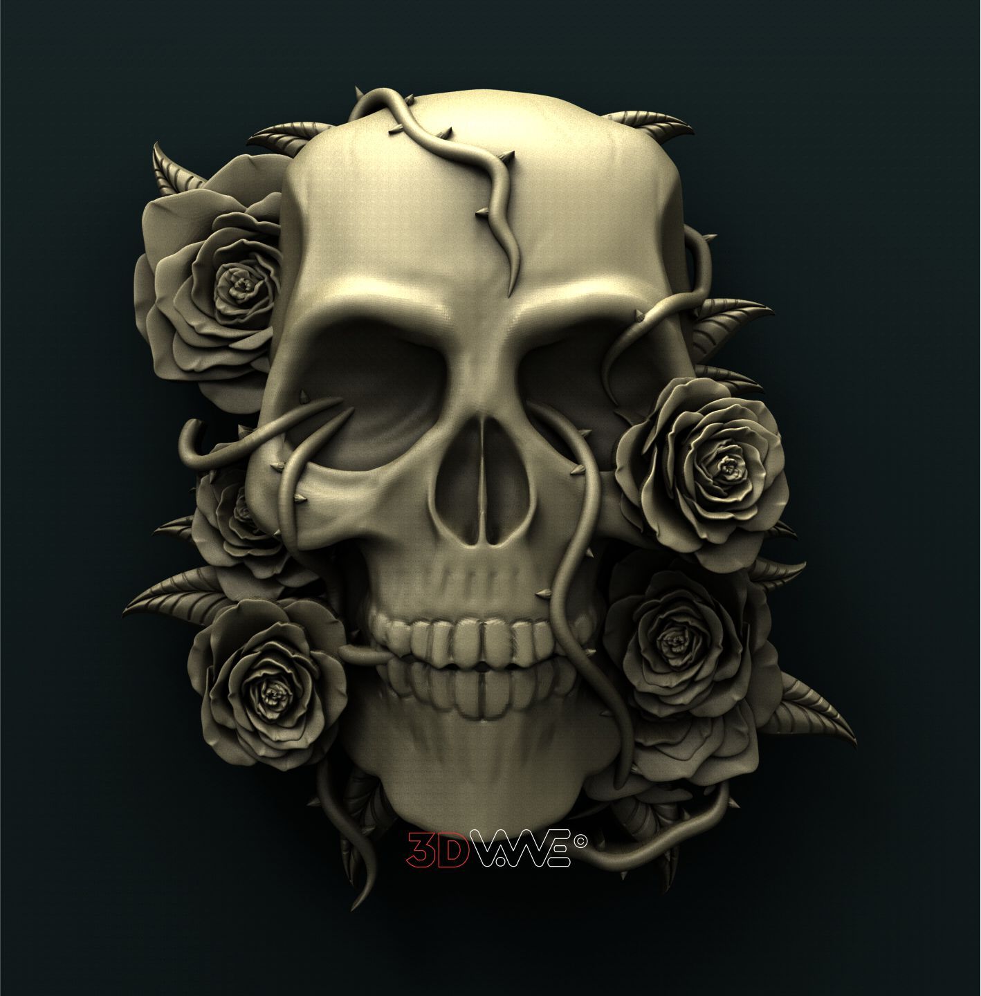 SKULL WITH ROSES 3D STL 3DWave