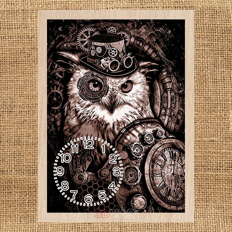 STEAMPUNK OWL CLOCK pyroprinter & laser-ready file 3DWave.us