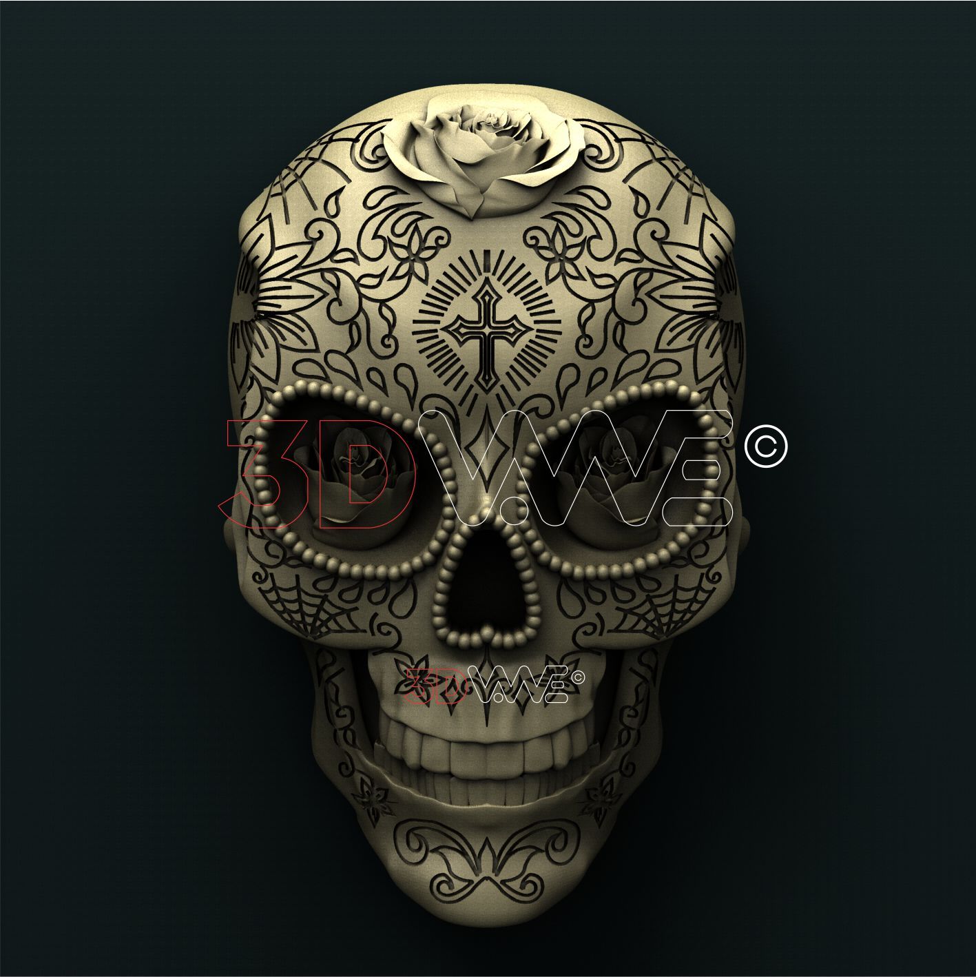 SUGAR SKULL WITH ROSES 3D STL 3DWave