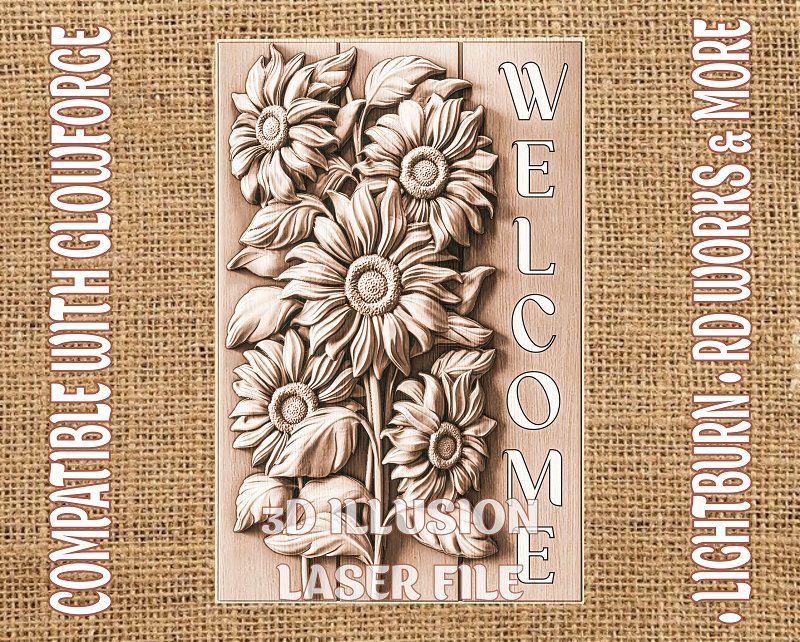 Sunflowers welcome sign 3d illusion & laser-ready files - 3DWave.us