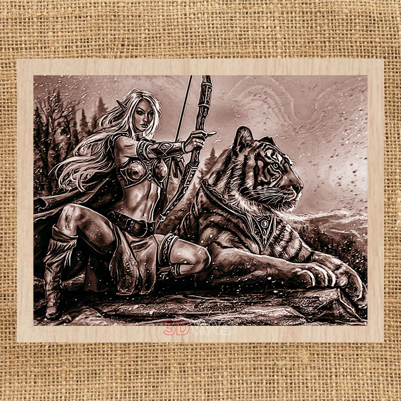 WARRIOR WOMAN WITH A TIGER pyroprinter & laser-ready file 3DWave.us